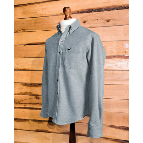A misty blue button-up shirt on a mannequin, featuring a button-down collar, a chest pocket, and two-tone buttons.