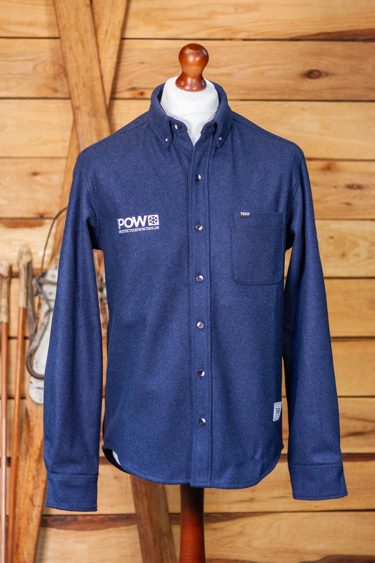 TEKO x POW UK Fraser Melton 2.0 Shacket in Storm Blue, front view with POW chest embroidery