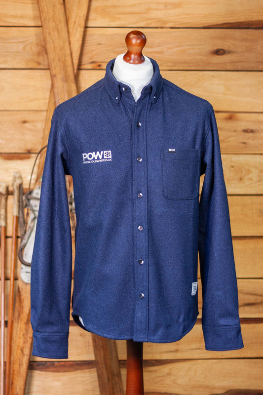 TEKO x POW UK Fraser Melton 2.0 Shacket in Storm Blue, front view with POW chest embroidery