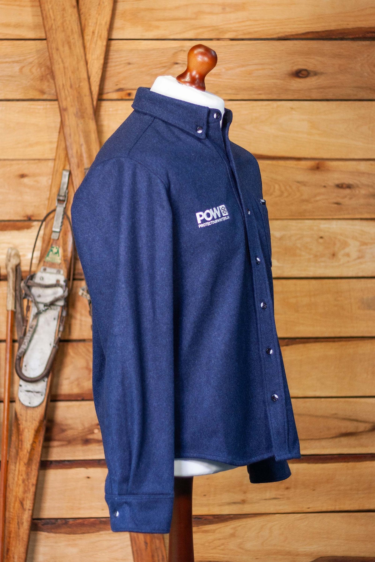 Side profile of the Fraser Shacket in Storm Blue recycled Melton 2.0 wool